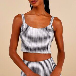 Lulus Classic Choice Navy Blue Gingham Square Neck Cropped Tank Top - Size XS